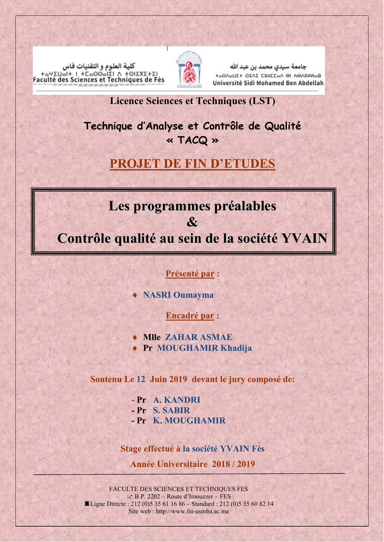 Les programmes préalables & Contrôle qualité au sein de la société YVAIN