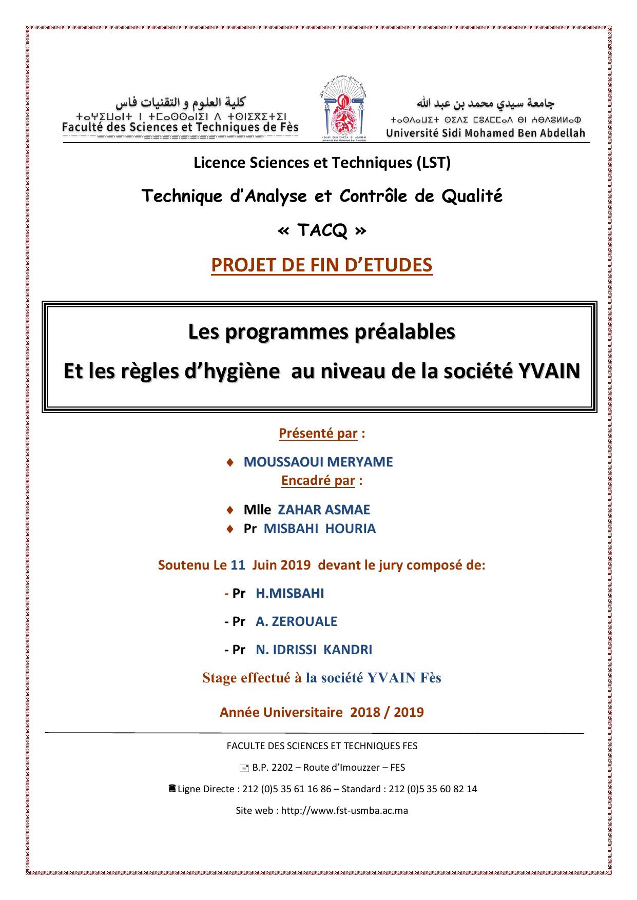 Les programmes préalables et les régles d'hygiène au niveau de la société YVAIN