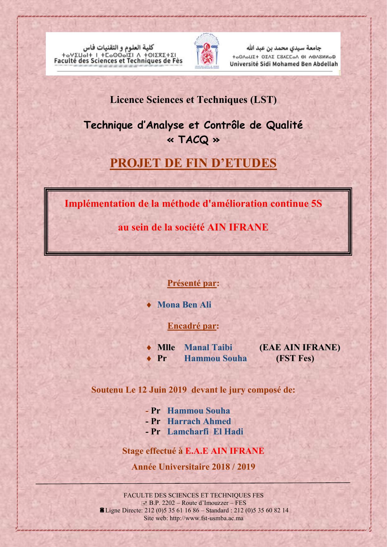 Implémentation de la méthode d'mélioration continue 5S au sein de la société AIN IFRANE