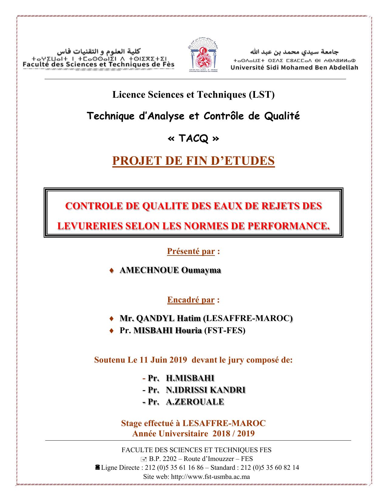 CONTROLE DE QUALITE DES EAUX DE REJETS DES LEVURERIES SELON LES NORMES DE PERFORMANCE