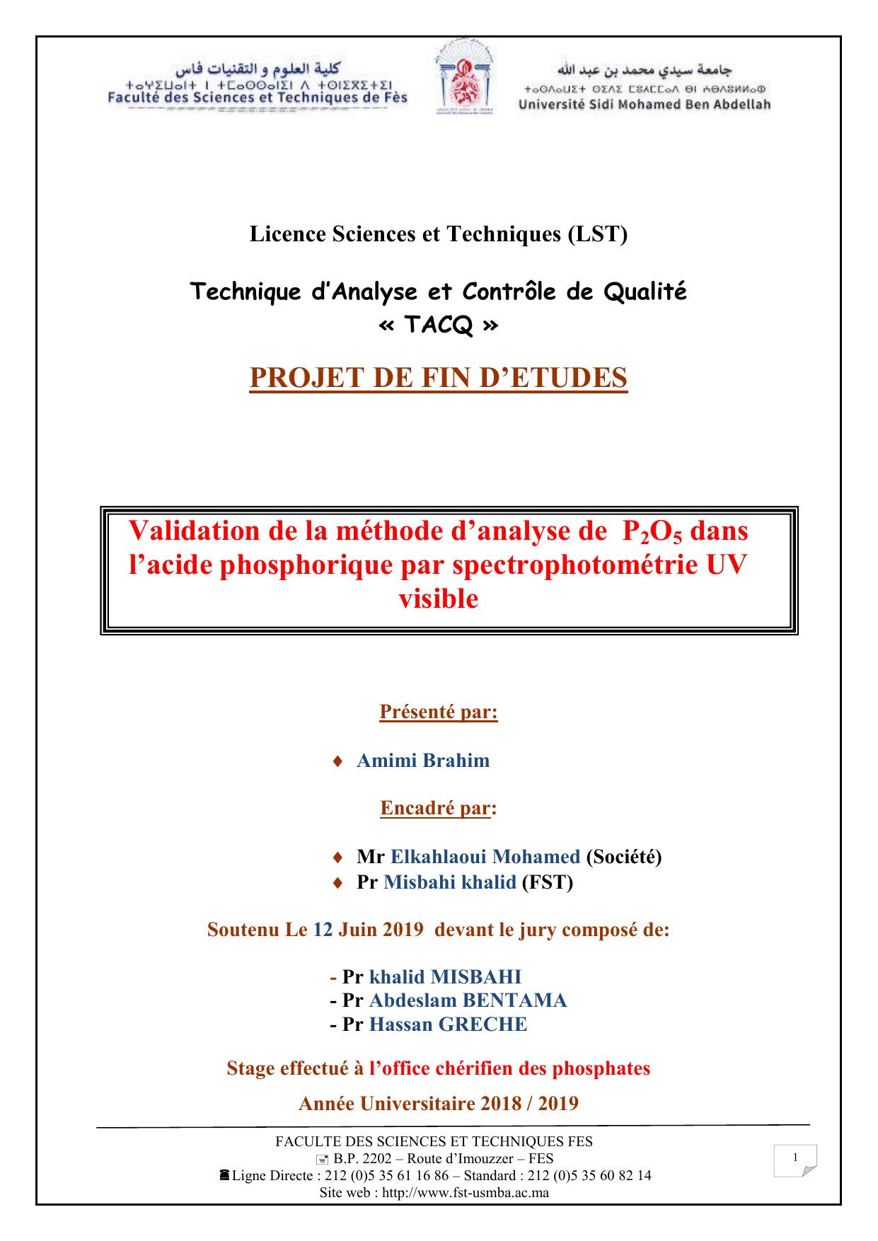 Validation de la méthode d’analyse de P2O5 dans l’acide phosphorique par spectrophotométrie UV visible