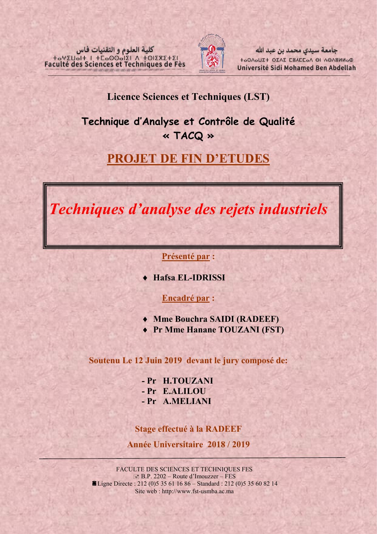 TECHNIQUES D'ANALYSE DES REJETS INDUSTRIELS