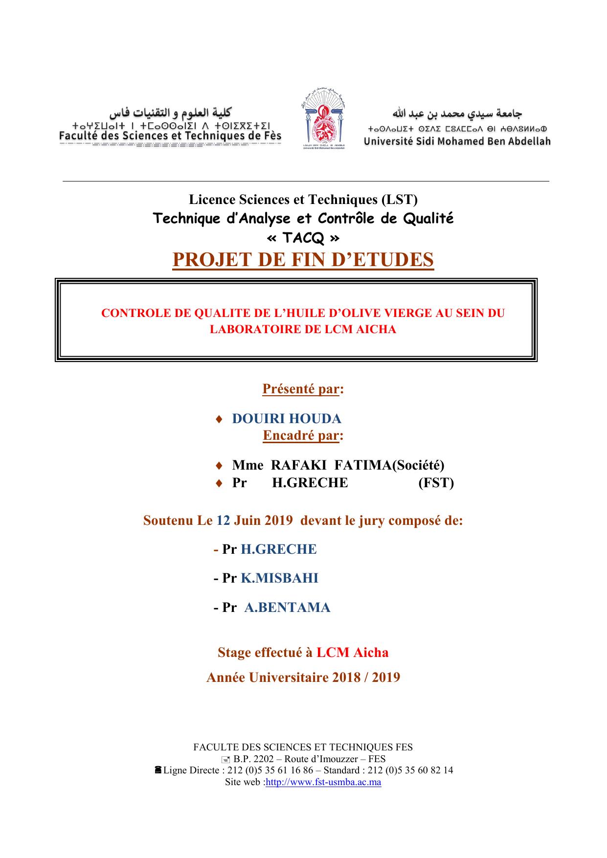 CONTROLE DE QUALITE DE L’HUILE D’OLIVE VIERGE AU SEIN DU LABORATOIRE DE LCM AICHA