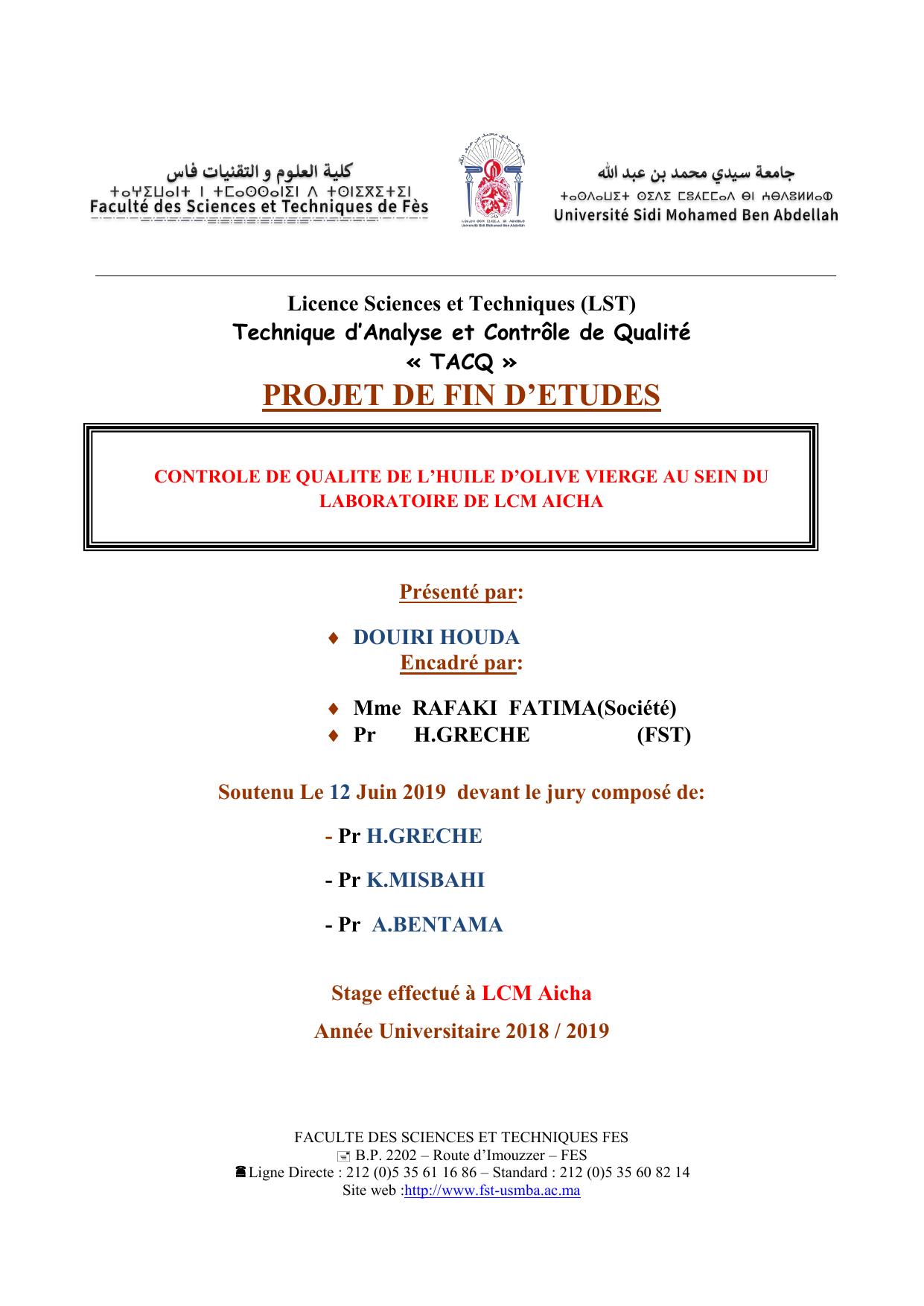 CONTROLE DE QUALITE DE L’HUILE D’OLIVE VIERGE AU SEIN DU LABORATOIRE DE LCM AICHA