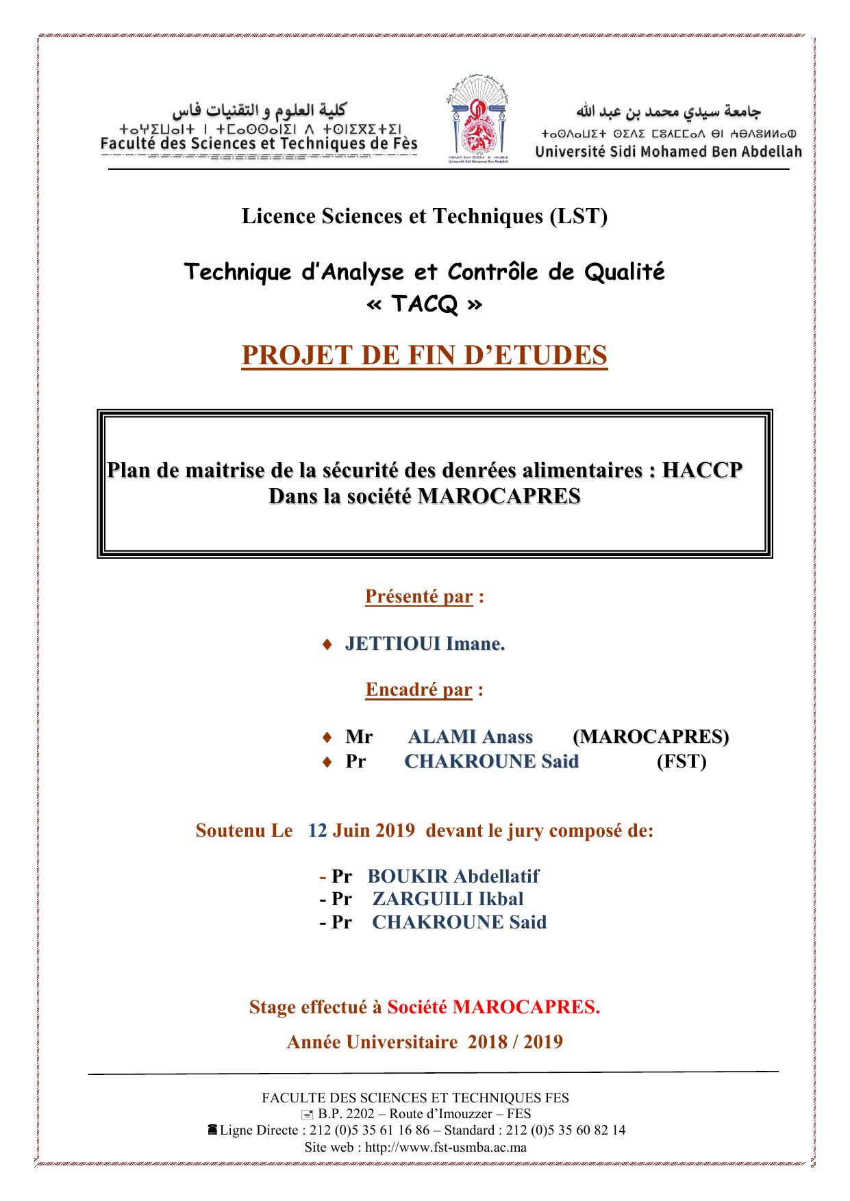 Plan de maitrise de la sécurité des denrées alimentaires : HACCP dans la société MAROCAPRES