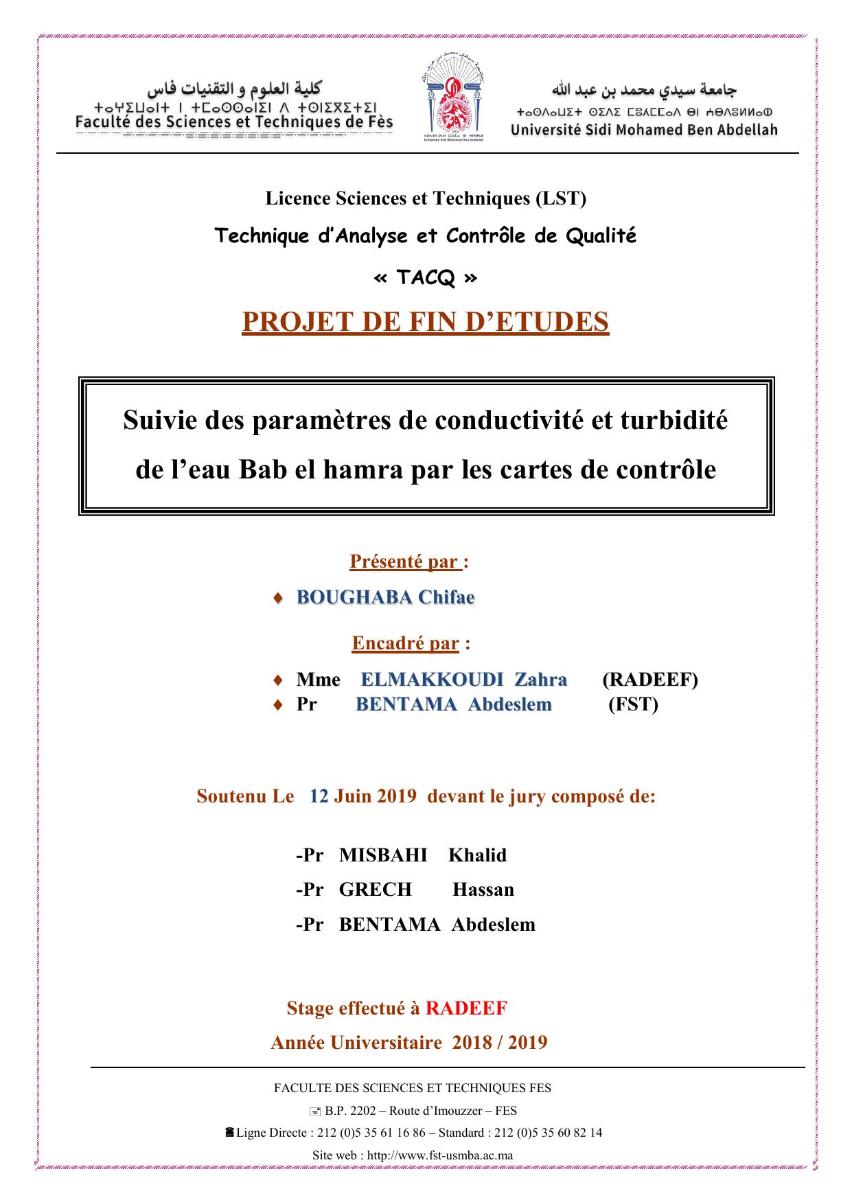Suivie des paramètres de conductivité et turbidité de l’eau Bab el hamra par les cartes de contrôle