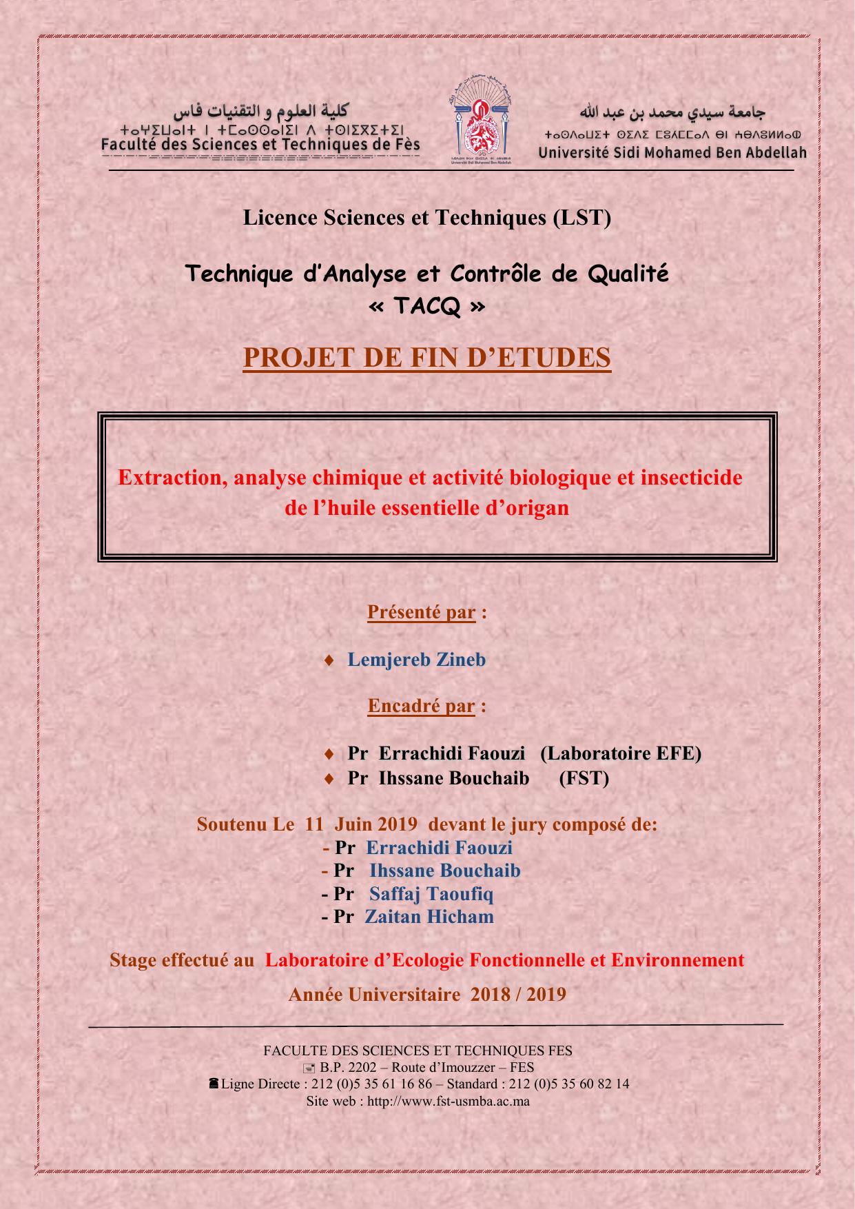 Extraction, analyse chimique et activité biologique et insecticide de l'huile essentielle d'origan