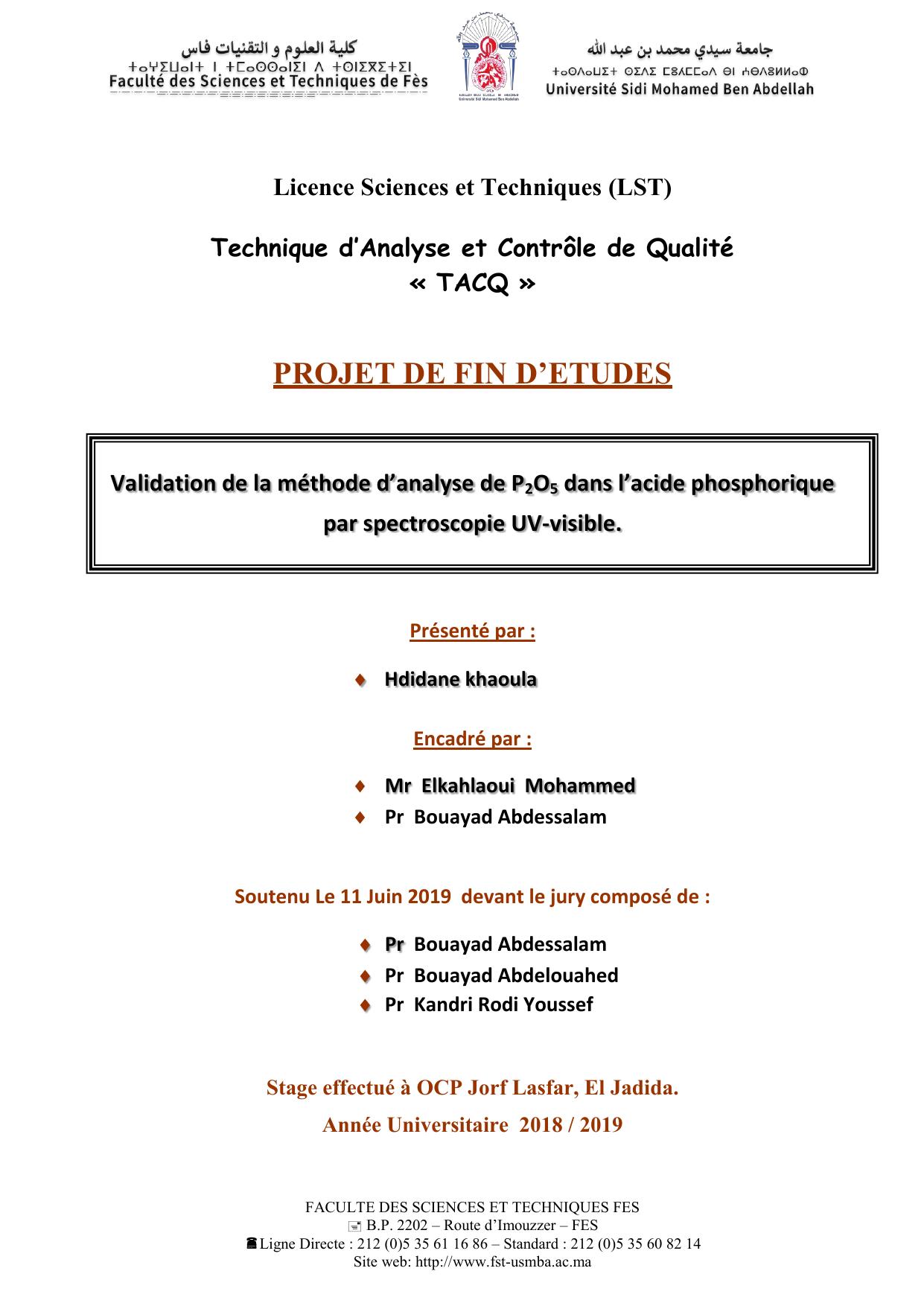 Validation de la méthode d’analyse de P2O5 dans l’acide phosphorique par spectroscopie UV-visible.