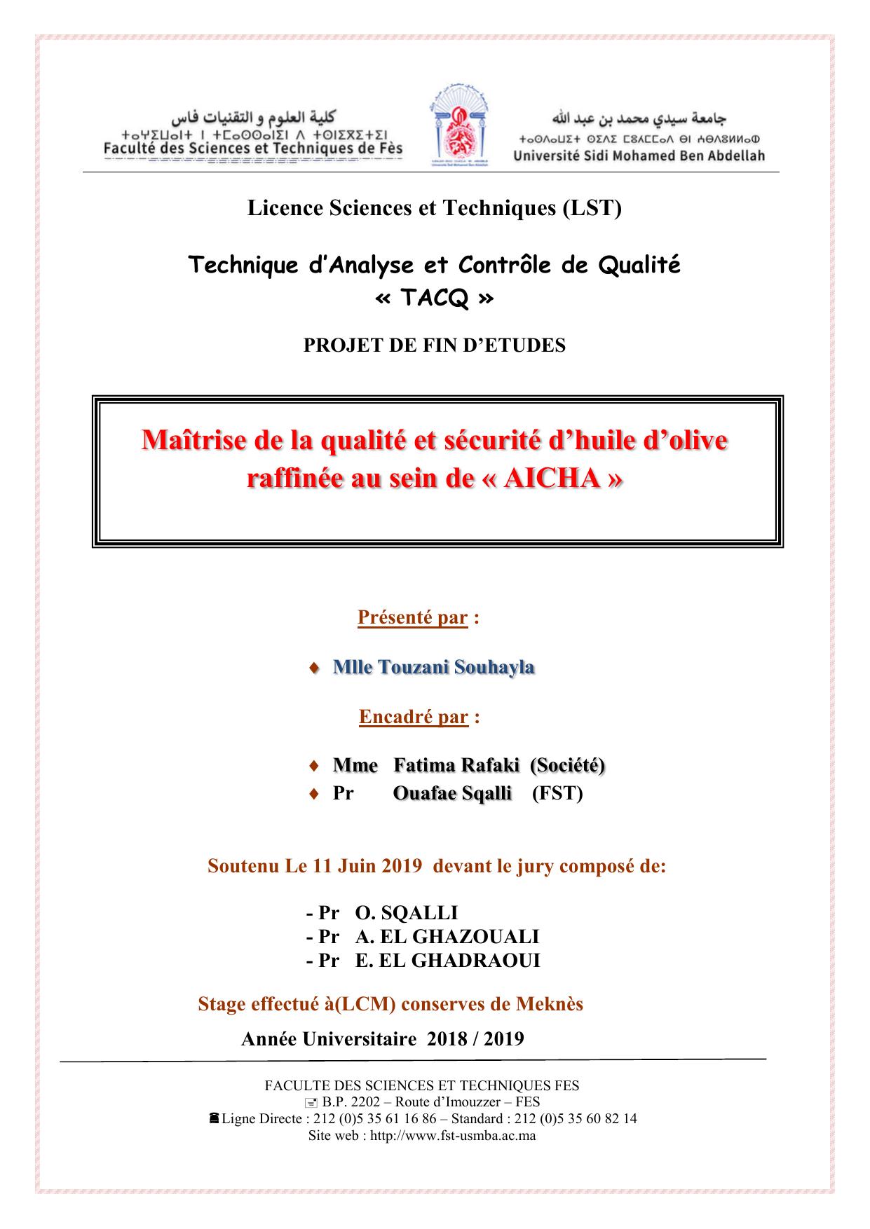 Maîtrise de la qualité et sécurité d’huile d’olive raffinée au sein de « AICHA »