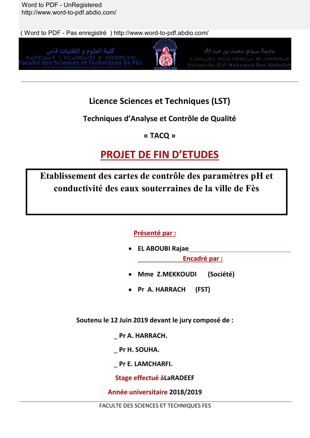 Etablissement des cartes de contrôle des paramètres pH et conductivité des eaux souterraines de la ville de Fès