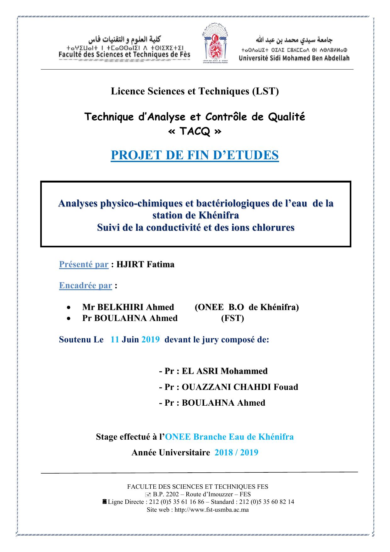 Analyses physico-chimiques et bactériologiques de l'eau de la station de Khénifra Suivi de la conductivité et des ions chlorures