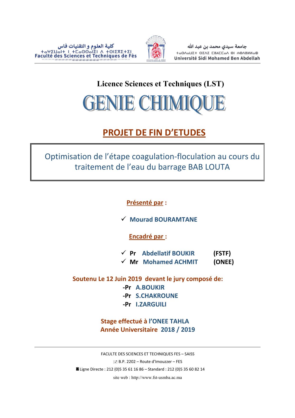 Optimisation de l’étape coagulation-floculation au cours du traitement de l’eau du barrage BAB LOUTA