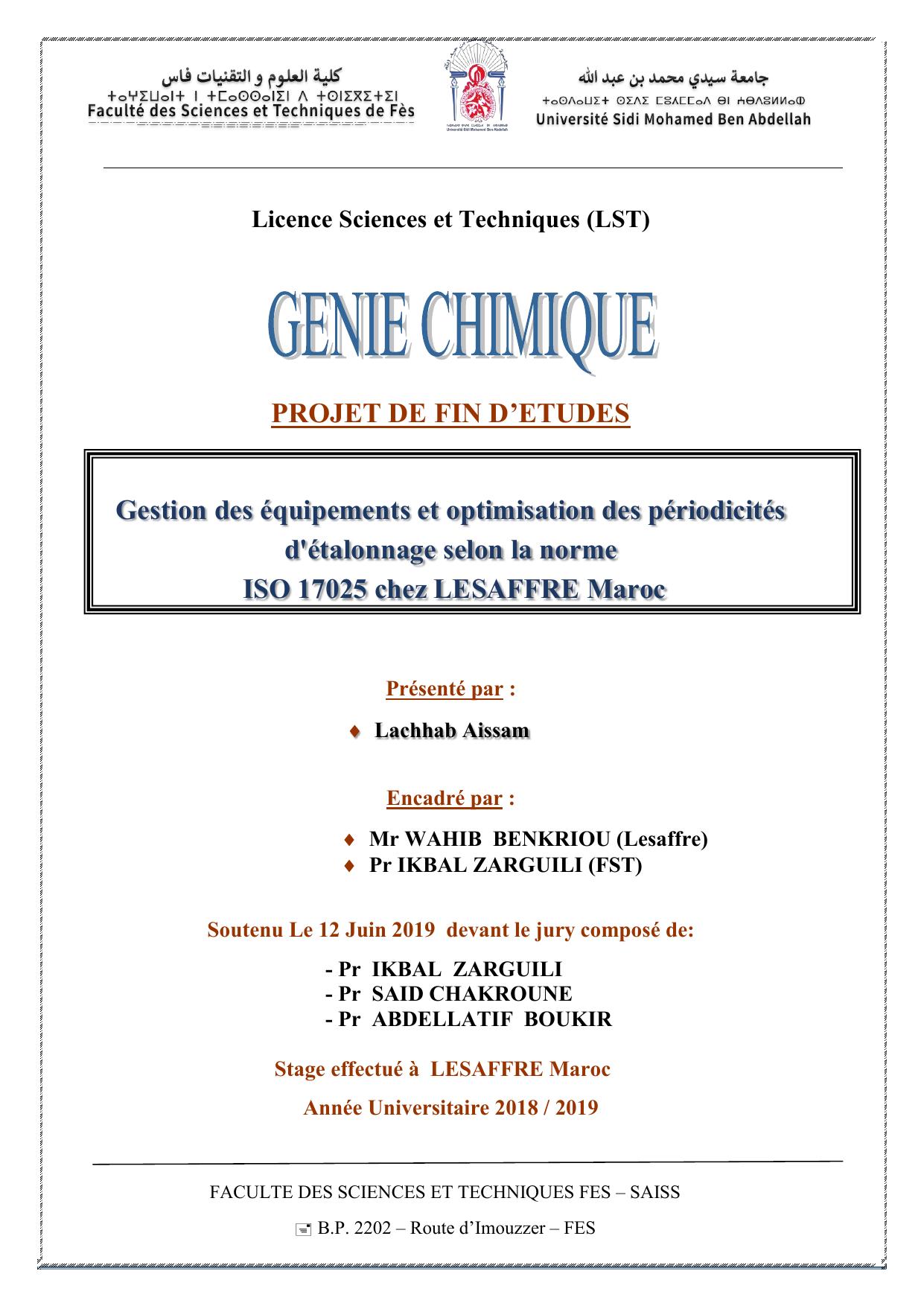 Gestion des équipements et optimisation des périodicités d'étalonnage selon la norme ISO 17025 chez LESAFFRE Maroc