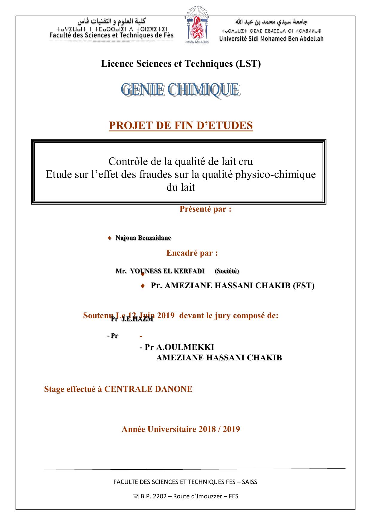 Contrôle de la qualité de lait cru Etude sur l’effet des fraudes sur la qualité physico-chimique du lait