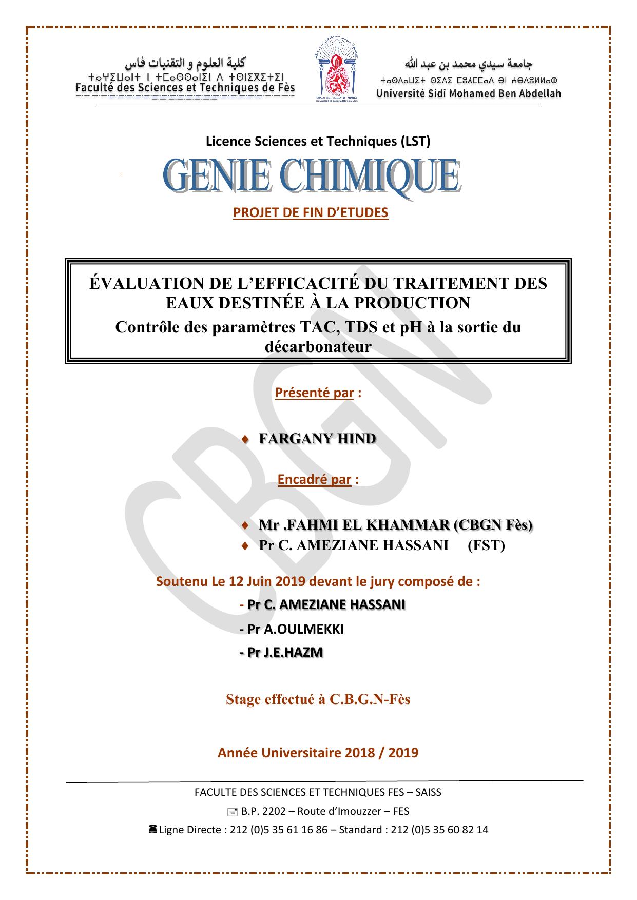 ÉVALUATION DE L’EFFICACITÉ DU TRAITEMENT DES EAUX DESTINÉE À LA PRODUCTION Contrôle des paramètres TAC, TDS et pH à la sortie du décarbonateur