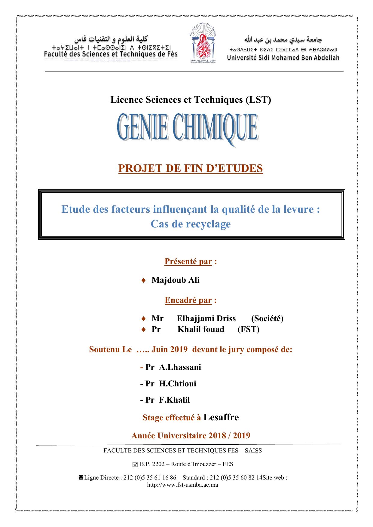 Etude des facteurs influençant la qualité de la levure : Cas de recyclage