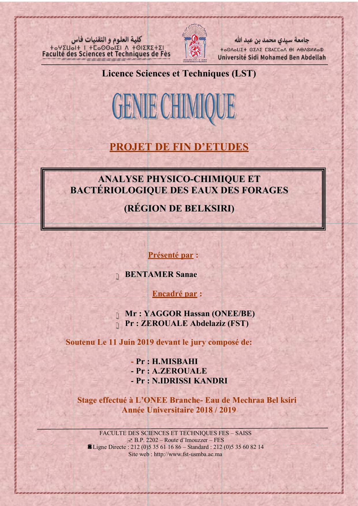 ANALYSE PHYSICO--CHIMIQUE ET BACTÉRIOLOGIQUE DES EAUX DES FORAGES ( RÉGION DE BELKSIRI)