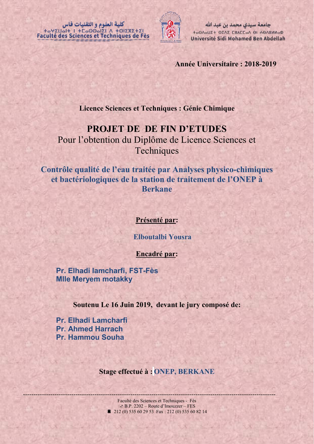 Contrôle qualité de l’eau traitée par Analyses physico-chimiques et bactériologiques de la station de traitement de l’ONEP à Berkane