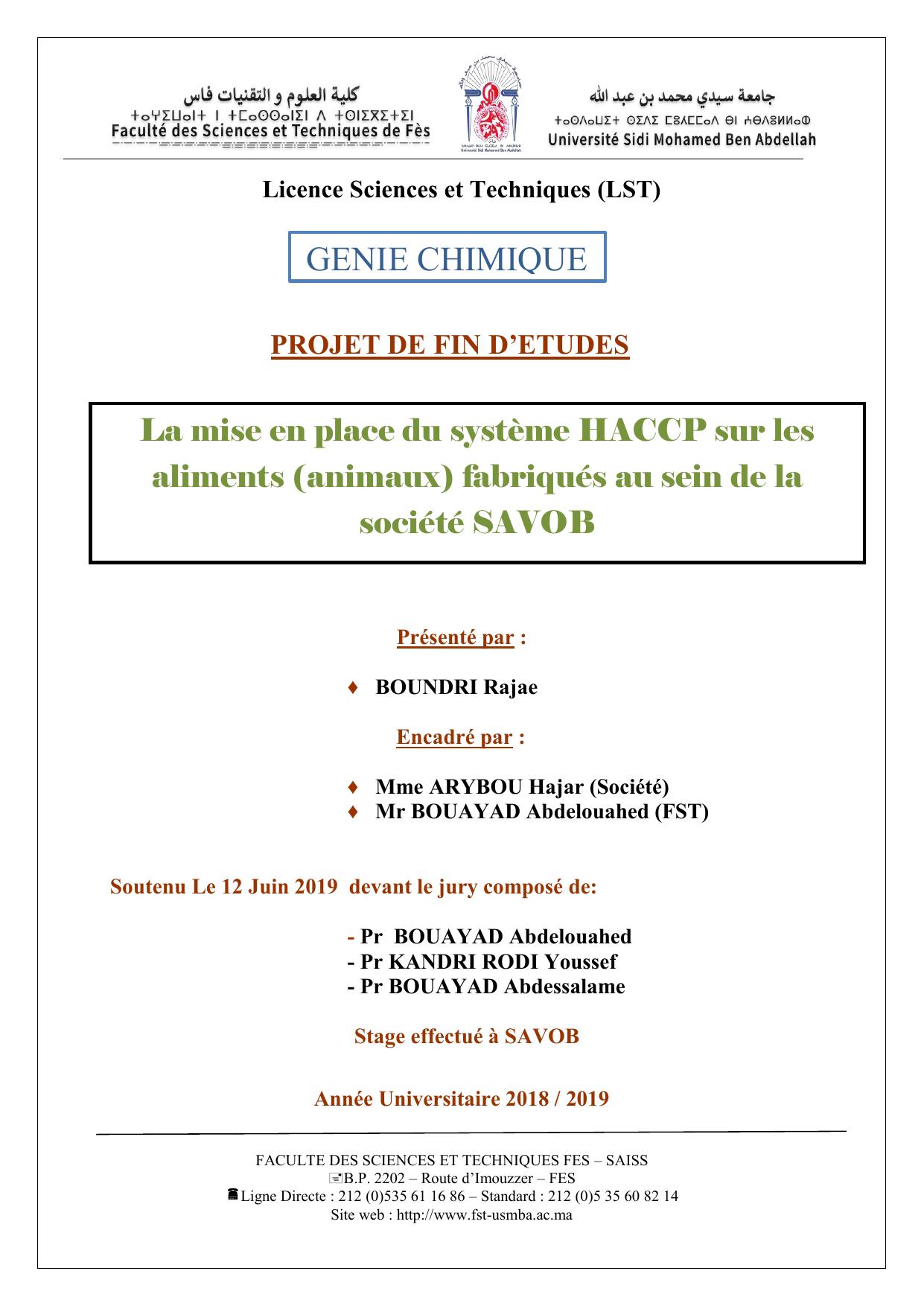 La mise en place du système HACCP sur les aliments (animaux) fabriqués au sein de la société SAVOB