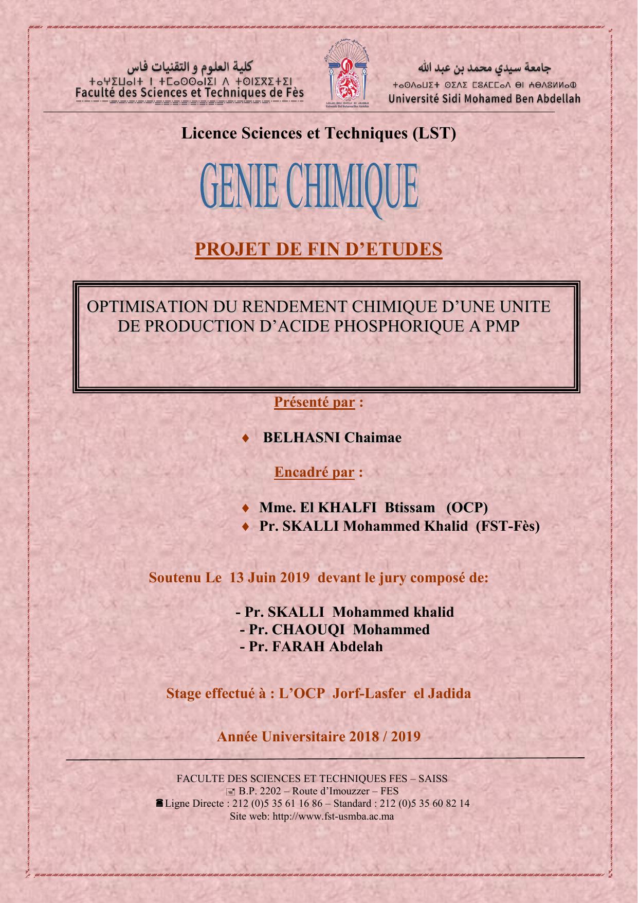 OPTIMISATIION DU RENDEMENT CHIMIQUE D’UNE UNITE DE PRODUCTION D’ACIDE PHOSPHORIQUE A PMP