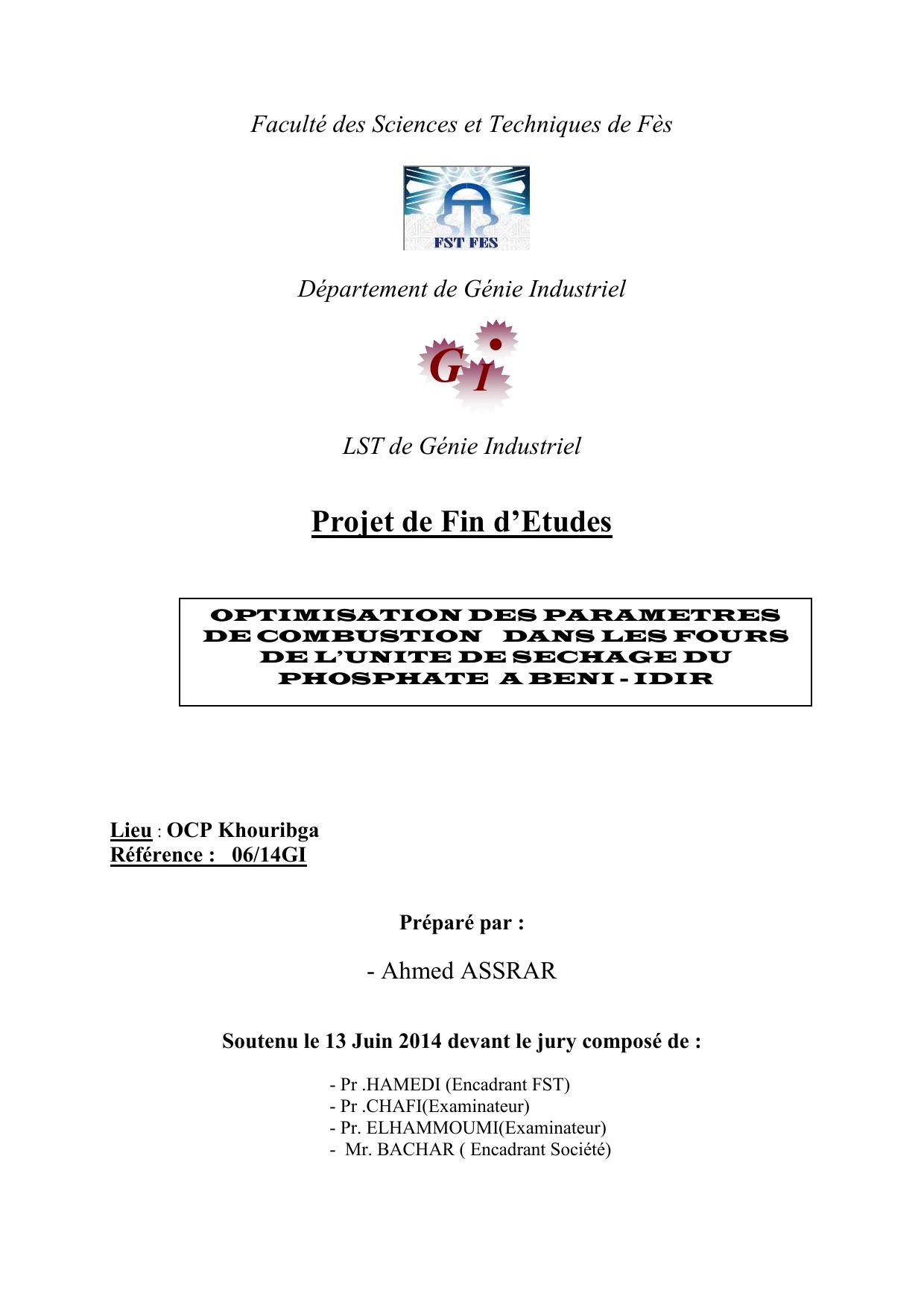 Optimisation des paramètres de cobustion dans les fours de l'unité de séchage du phosphate à Beni-Idir