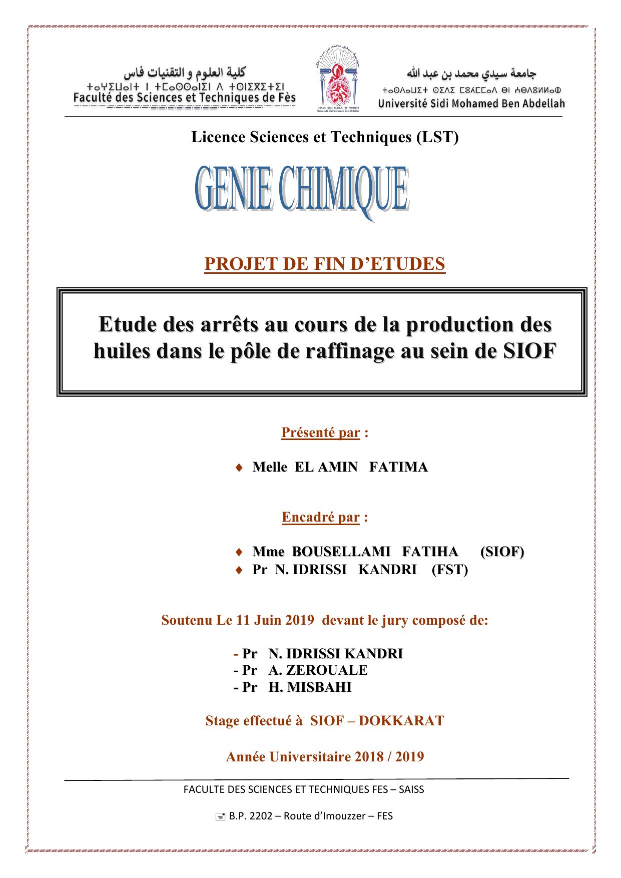 Etude des arrêtes au cours de la production des huiles dans le pôle de raffinage au sein de SIOF