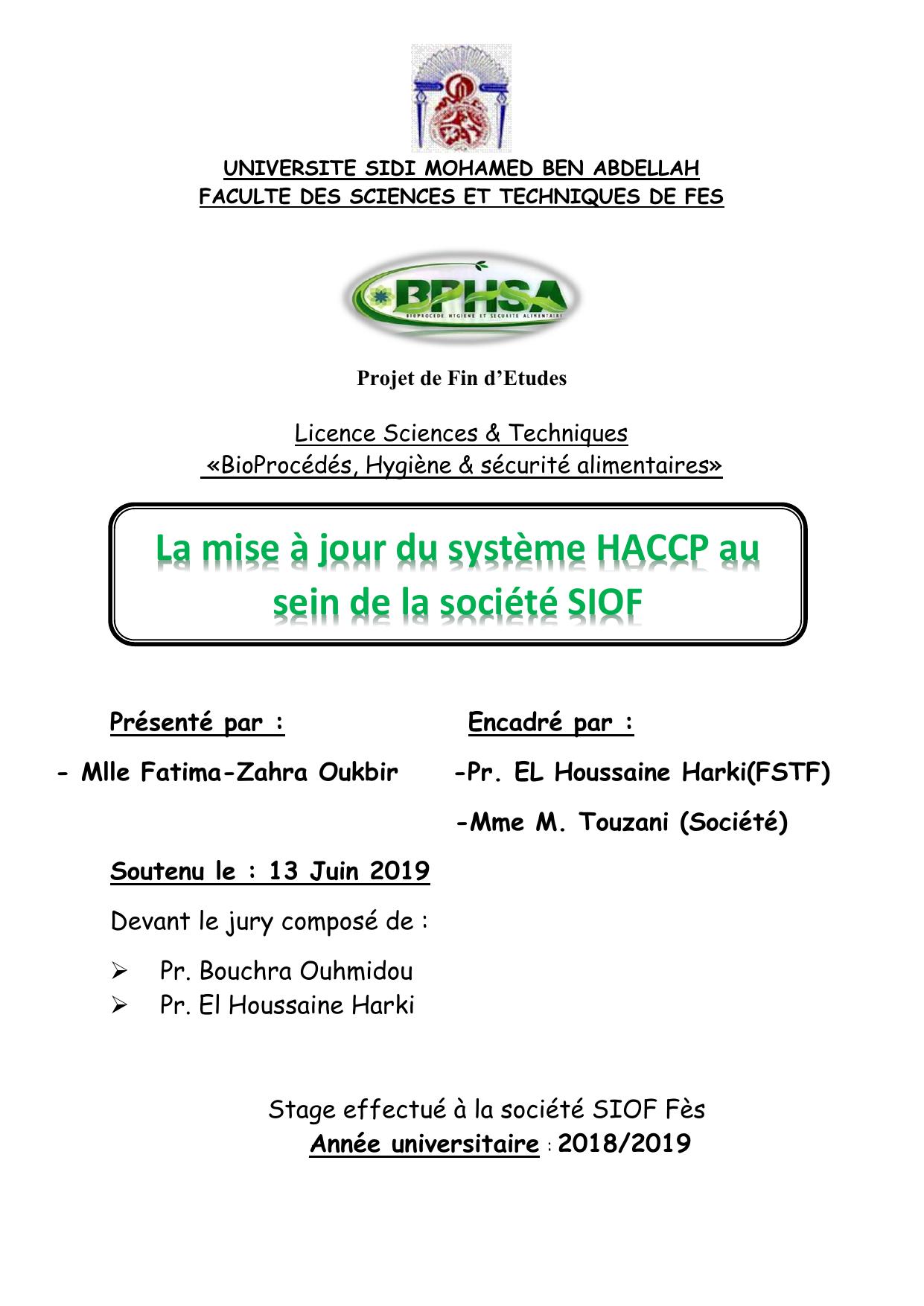 La mise à jour du système HACCP au sein de la société SIOF