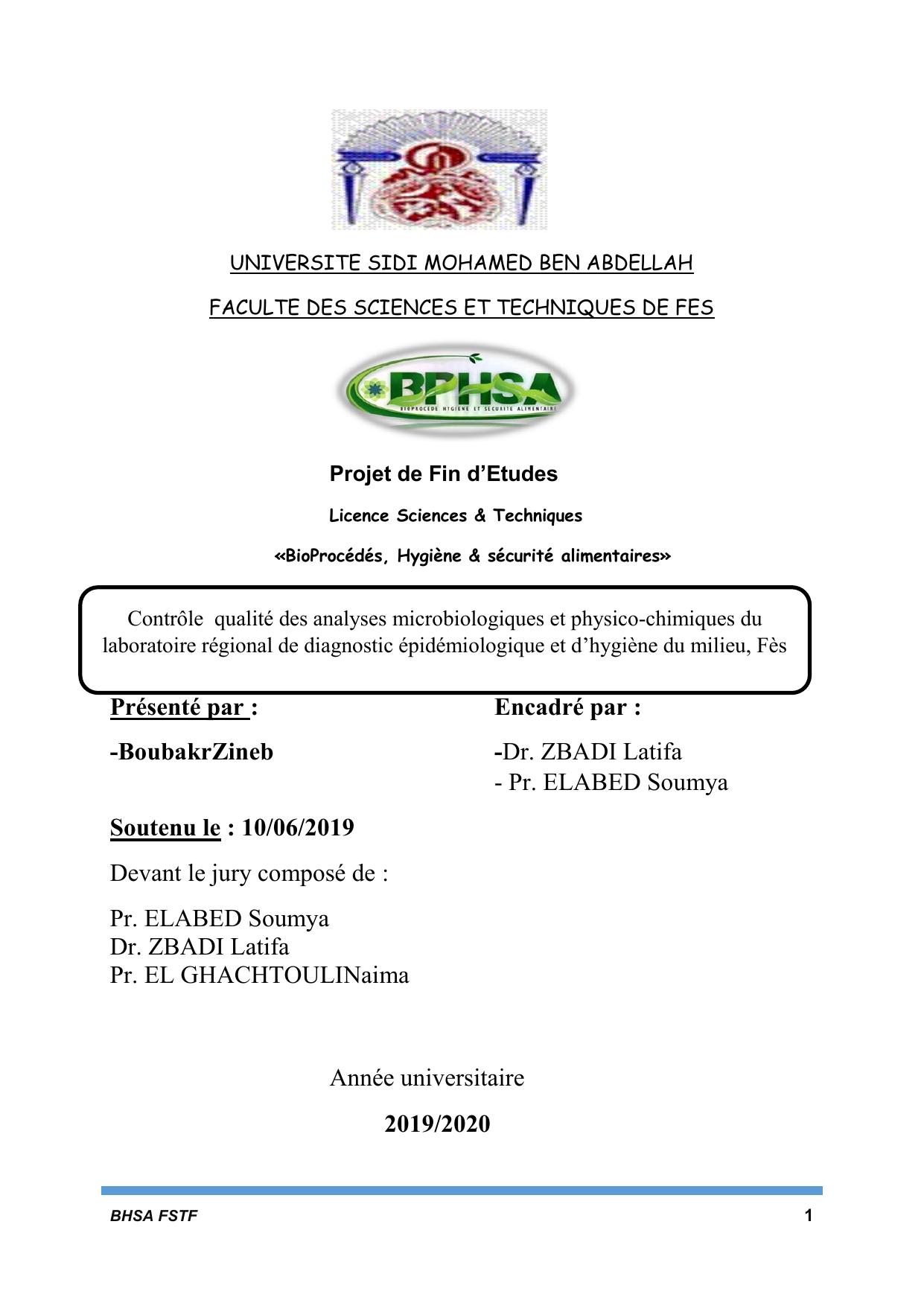 Contrôle qualité des analyses microbiologiques et physico-chimiques du laboratoire régional de diagnostic épidémiologique et d’hygiène du milieu, Fès