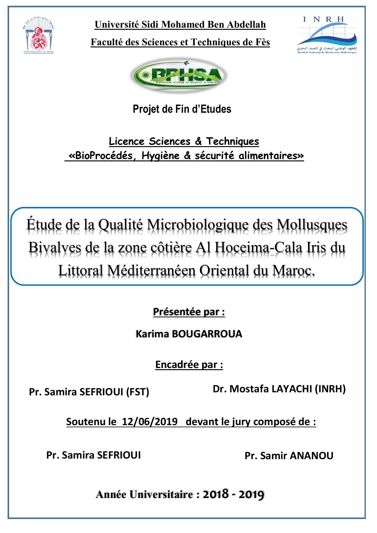 Etude de la qualité microbiologique des mollusques Bivalves de la zone côtière Al Hceima-Cala Iris du Littoral Méditerranéen Oriental du Maroc