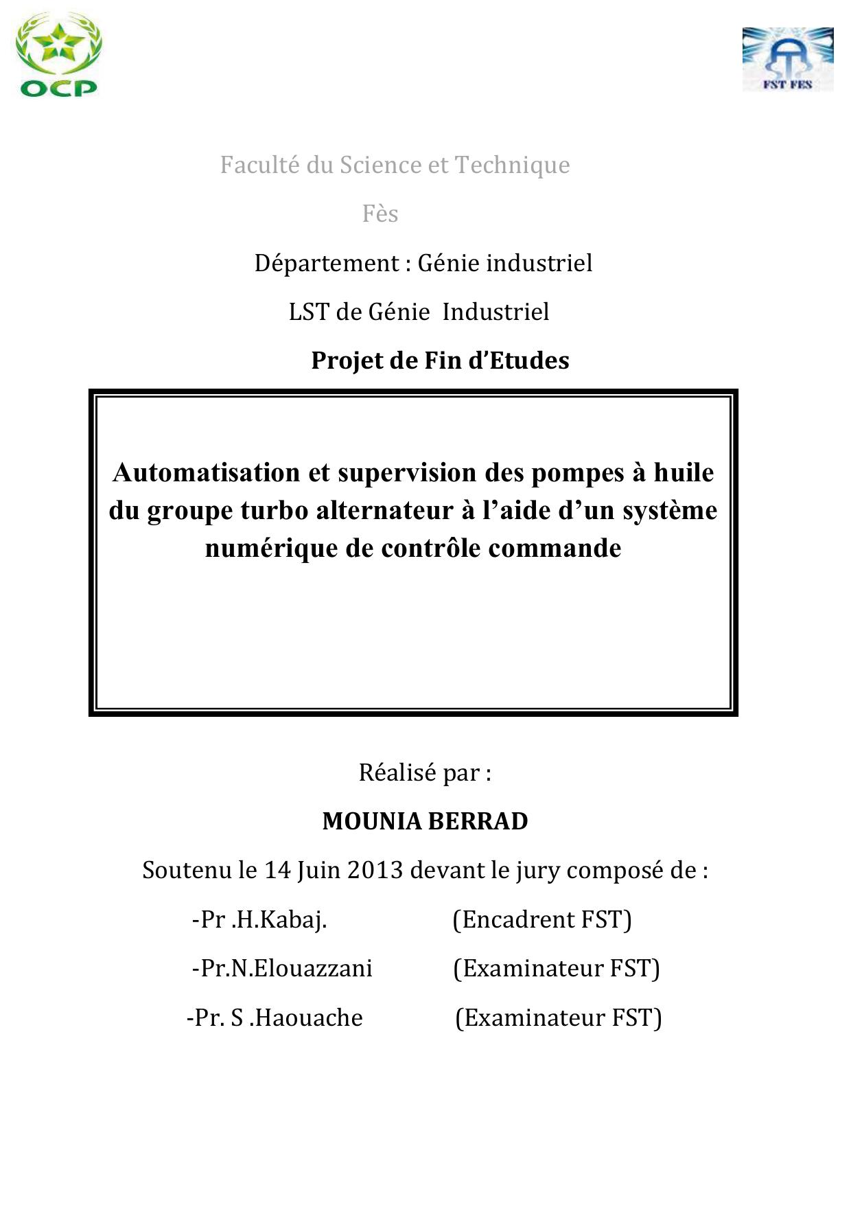 Automatisation et supervision des pompes à huile du groupe turbo alternateur à l’aide d’un système numérique de contrôle commande