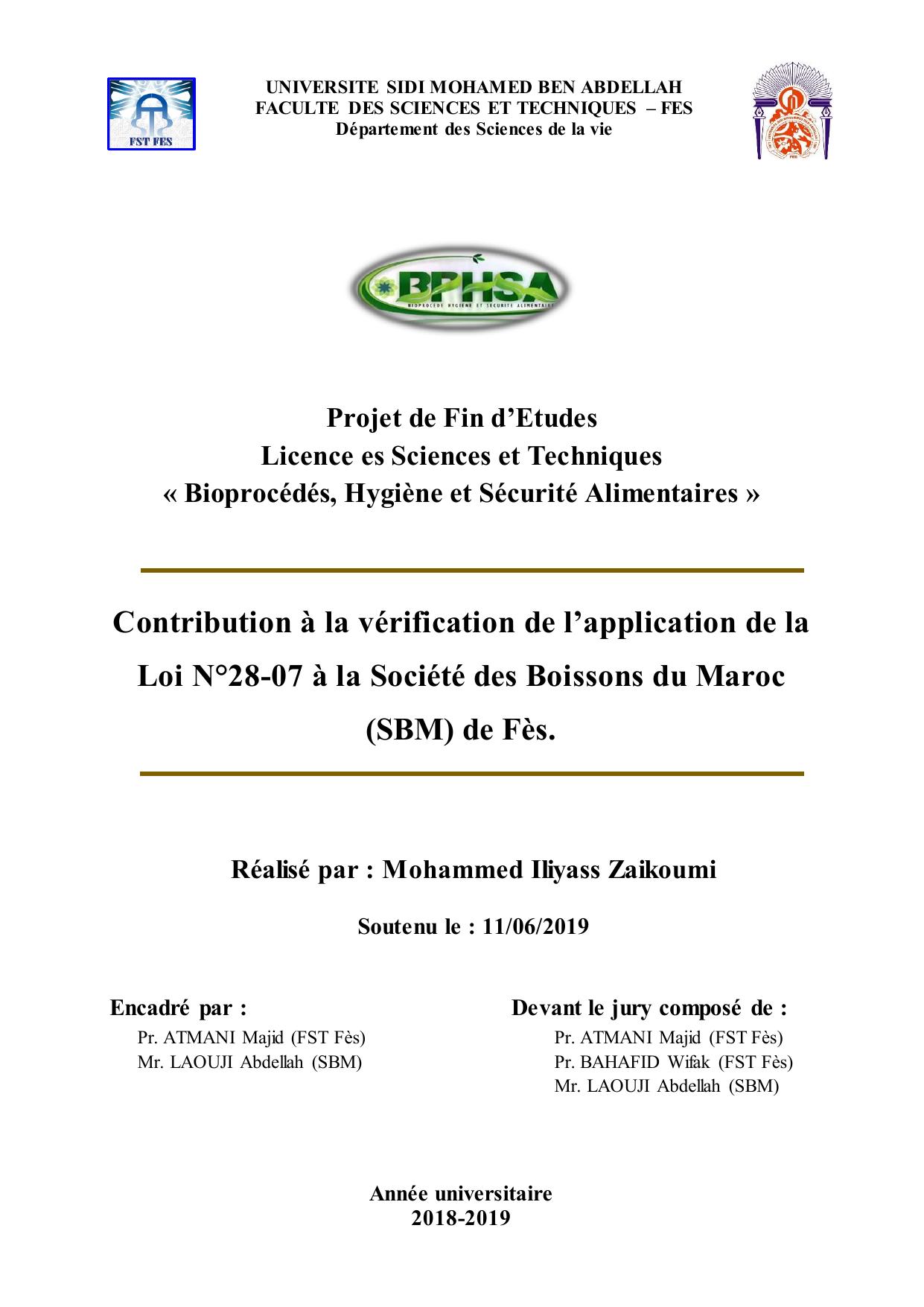 Contribution à la vérification de l’application de la Loi N°28-07 à la Société des Boissons du Maroc (SBM) de Fès.