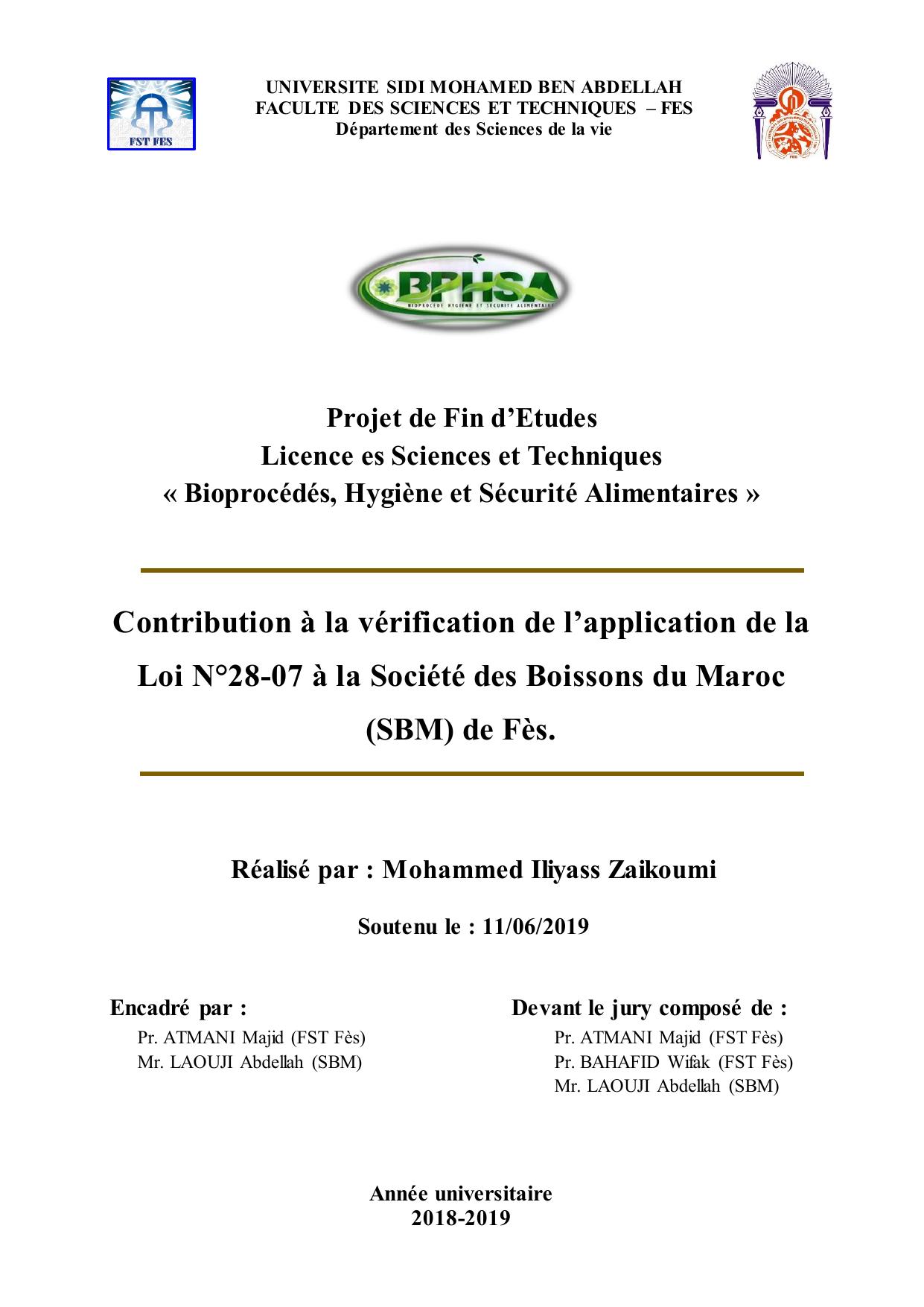 Contribution à la vérification de l’application de la Loi N°28-07 à la Société des Boissons du Maroc (SBM) de Fès.