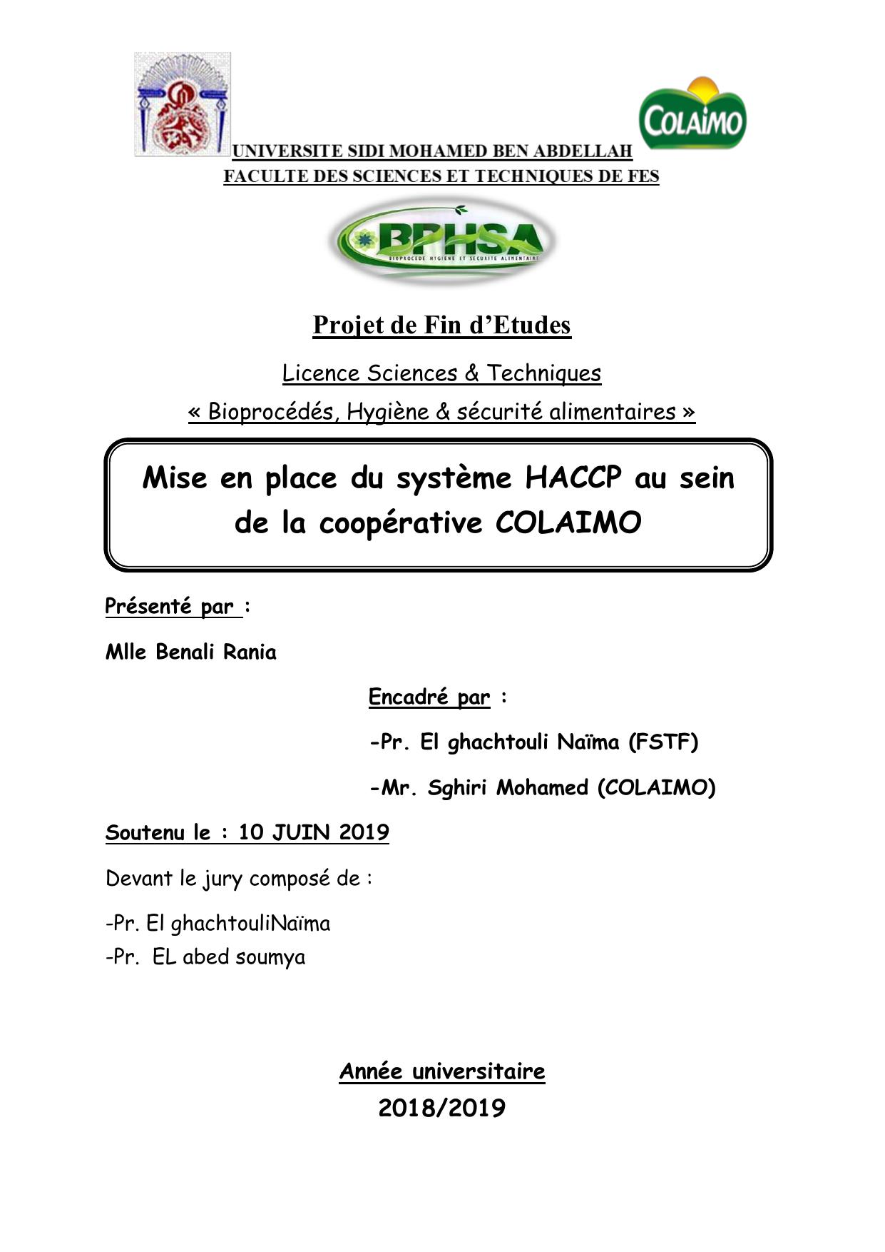 Mise en place du système HACCP au sein de la coopérative COLAIMO