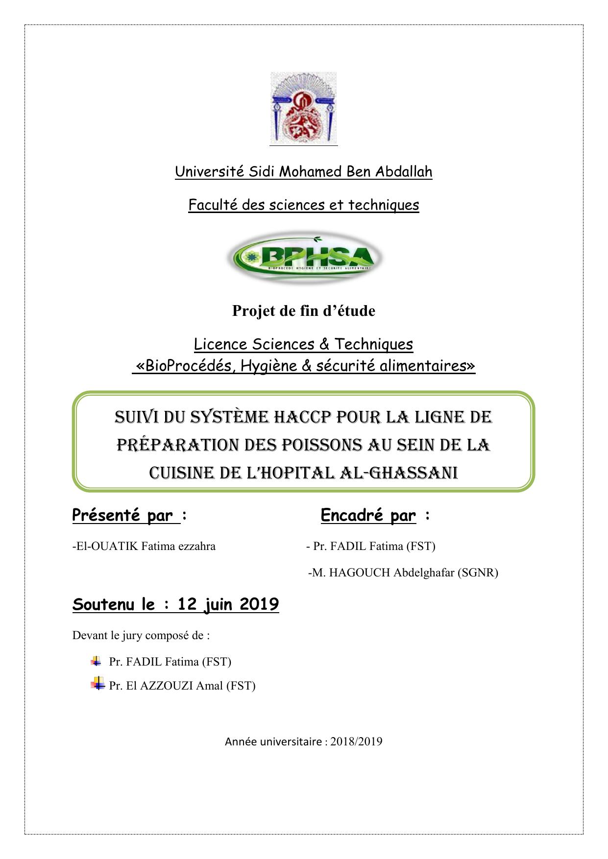 Suivi du système HACCP pour la ligne de préparation des poissons au sein de la cuisine de l’hopital al-Ghassani