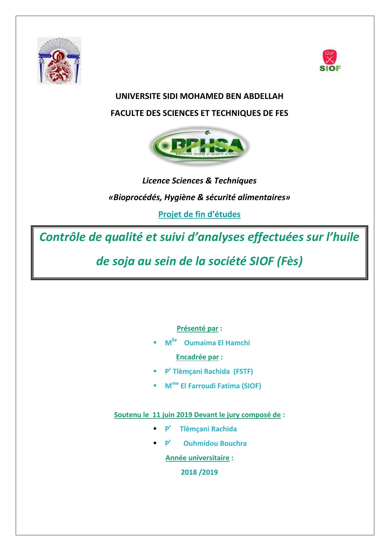 Contrôle de qualité et suivi d’analyses effectuées sur l’huile de soja au sein de la société SIOF (Fès)