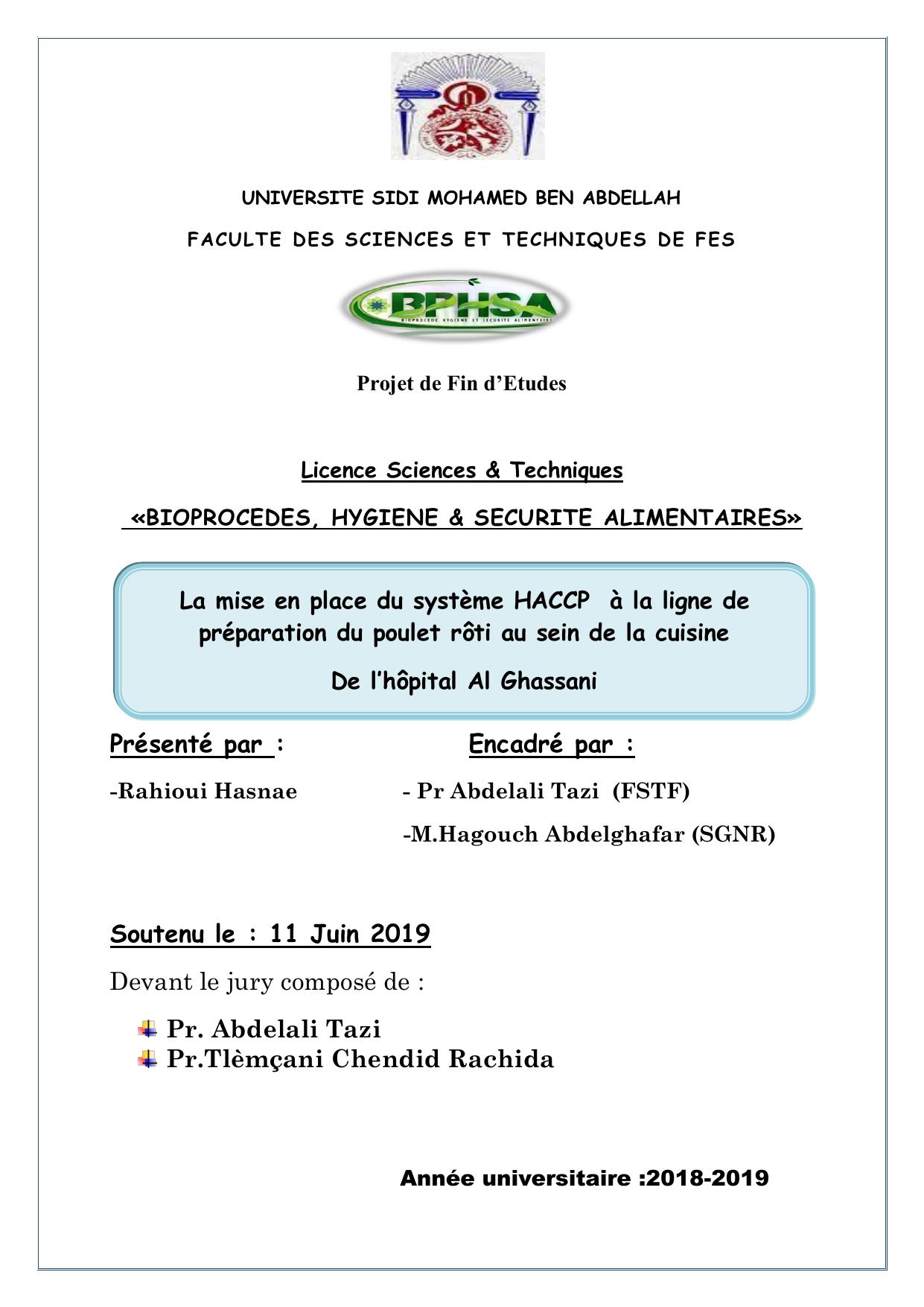 La mise en place du système HACCP à la ligne de préparation du poulet rôti au sein de la cuisine De l’hôpital Al Ghassani