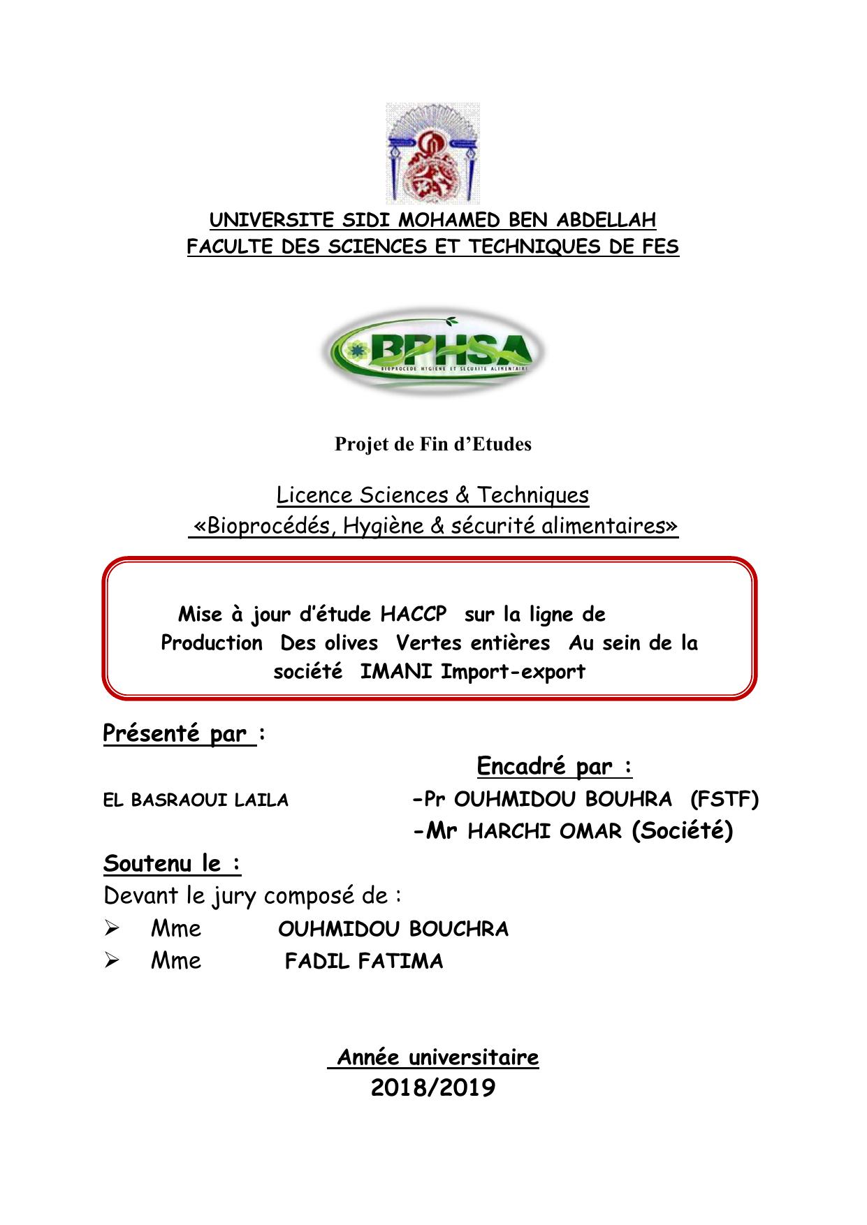 Mise à jour d’étude HACCP sur la ligne de Production Des olives Vertes entières Au sein de la société IMANI Import-export