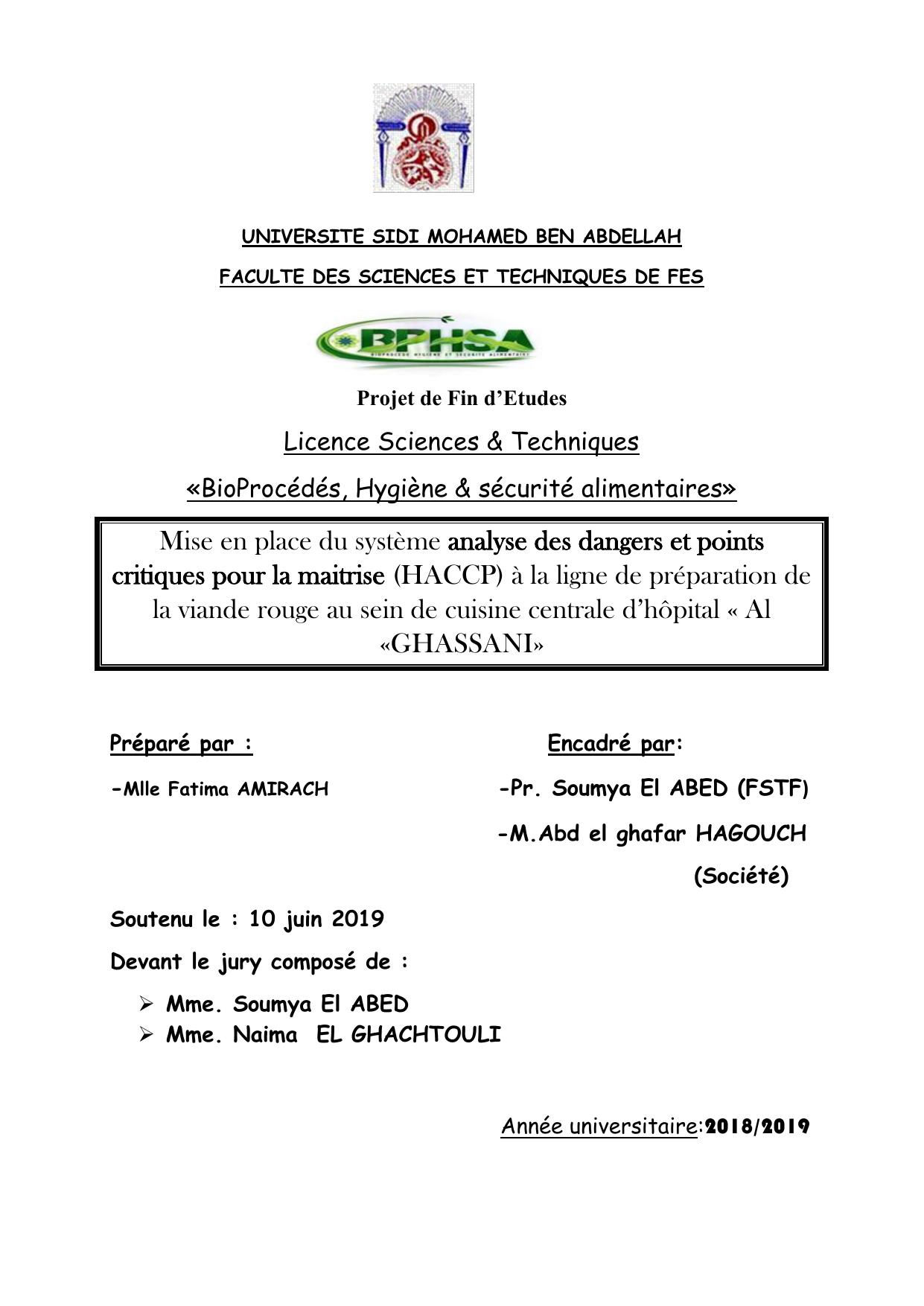 Mise en place du système analyse des dangers et points critiques pour la maitrise (HACCP) à la ligne de préparation de la viande rouge au sein de cuisine centrale d’hôpital « Al «GHASSANI»