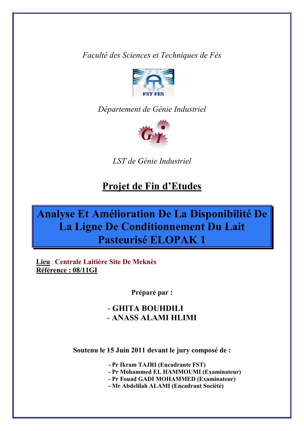 Analyse Et Amélioration De La Disponibilité De La Ligne De Conditionnement Du Lait Pasteurisé ELOPAK 1