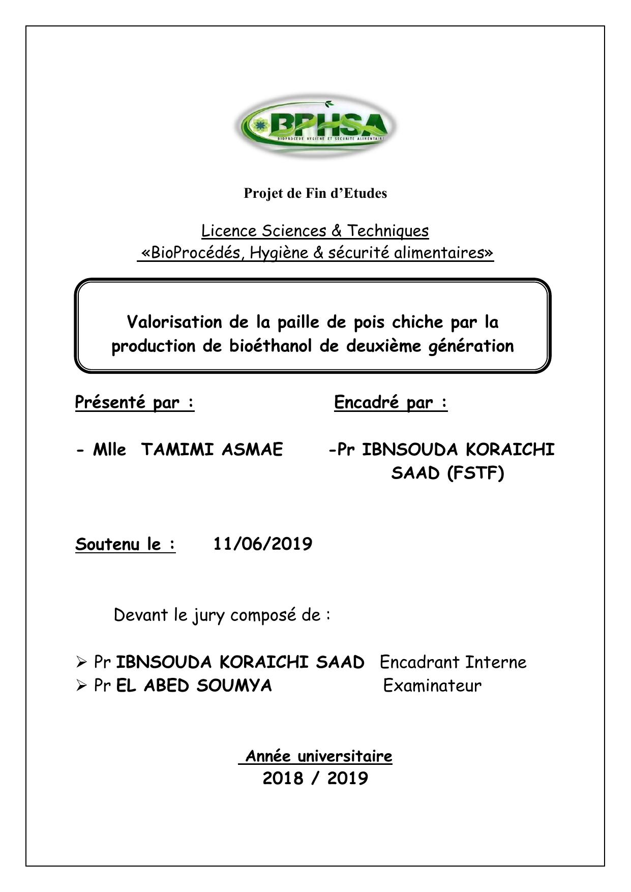 Valorisation de la paille de pois chiche par la production de bioéthanol de deuxième génération