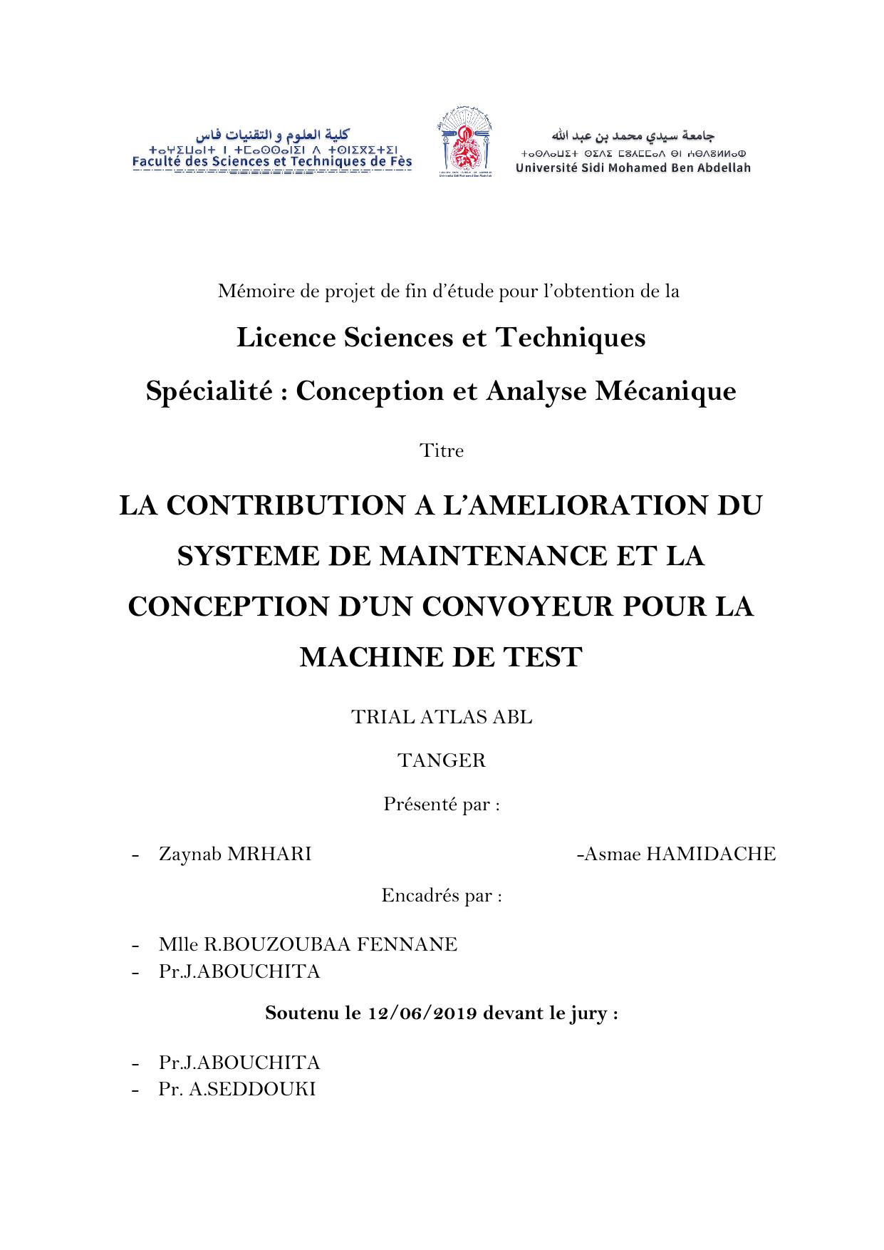 LA CONTRIBUTION A L’AMELIORATION DU SYSTEME DE MAINTENANCE ET LA CONCEPTION D’UN CONVOYEUR POUR LA MACHINE DE TEST