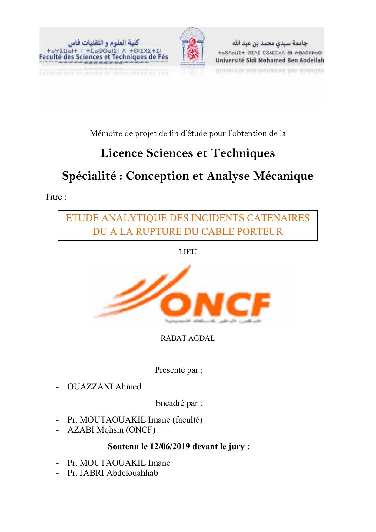 ETUDE ANALYTIQUE DES INCIDENTS CATENAIRES DU A LA RUPTURE DU CABLE PORTEUR