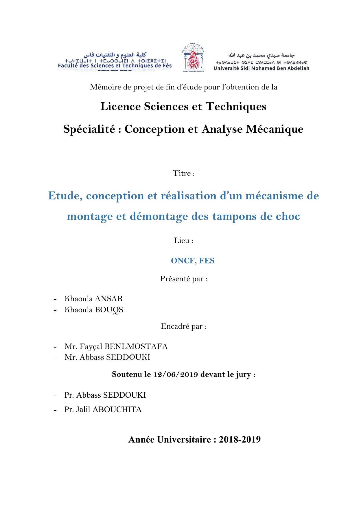 Etude, conception et réalisation d’un mécanisme de montage et démontage des tampons de choc