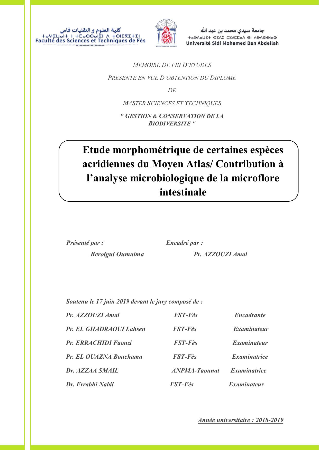 Etude morphométrique de certaines espèces acridiennes du Moyen Atlas et contribution à l'analyse microbiologique de la microflore intestinale