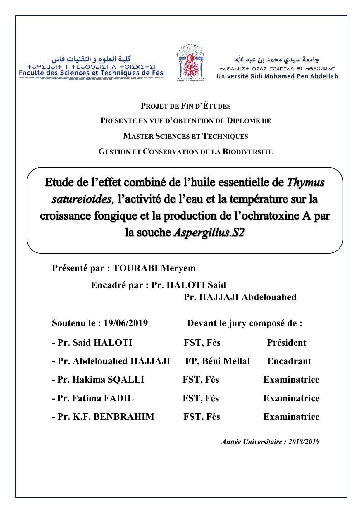 Etude de l'effet combiné de l'huile essentielle de Thymus satureioides,l'activité de l'eau et la température sur la croissance fongique et la production de l'achratoxine A par la souche Aspergillus.S2