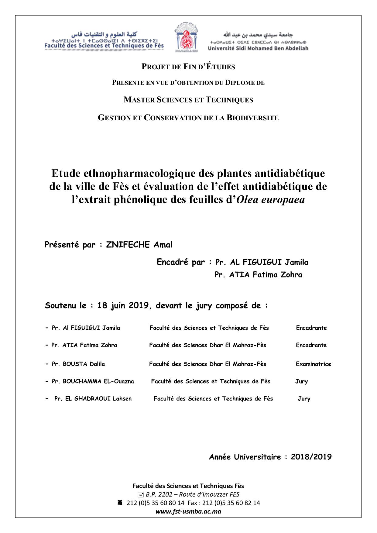 Etude ethnopharmacologique des plantes antidiabétique de la ville de Fès et évaluation de l’effet antidiabétique de l’extrait phénolique des feuilles d’Olea europaea