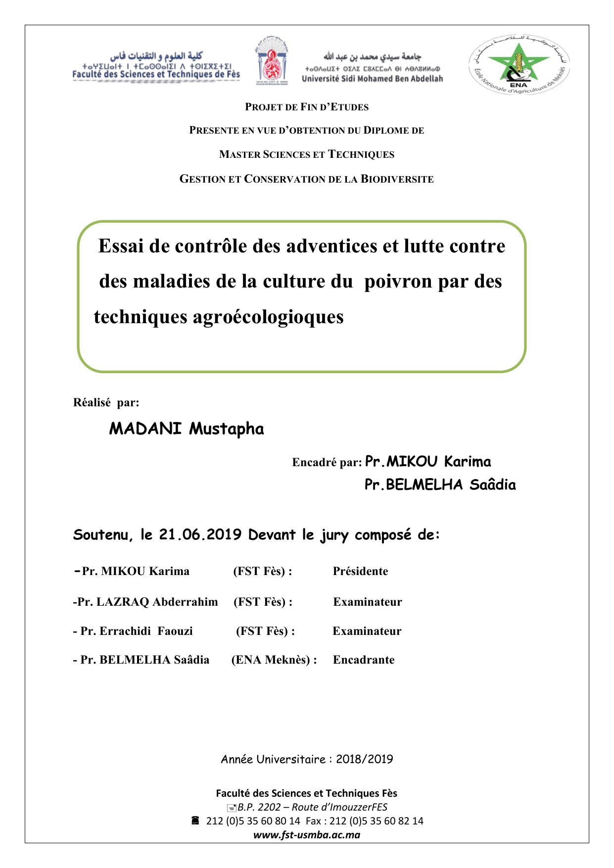 Essai de contrôle des adventices et lutte contre des maladies de la culture du poivron par des techniques agroécologioques