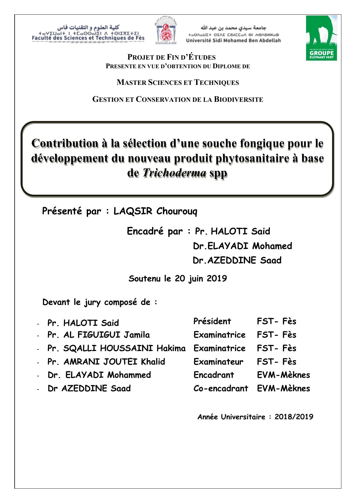 Contribution à la sélection d'une souche fongique pour le développement du nouveau produit phytosanitaire à base de Trichoderma spp