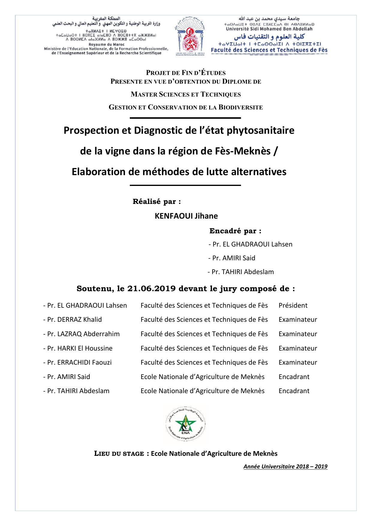 Prospection et Diagnostic de l’état phytosanitaire de la vigne dans la région de Fès-Meknès / Elaboration de méthodes de lutte alternatives