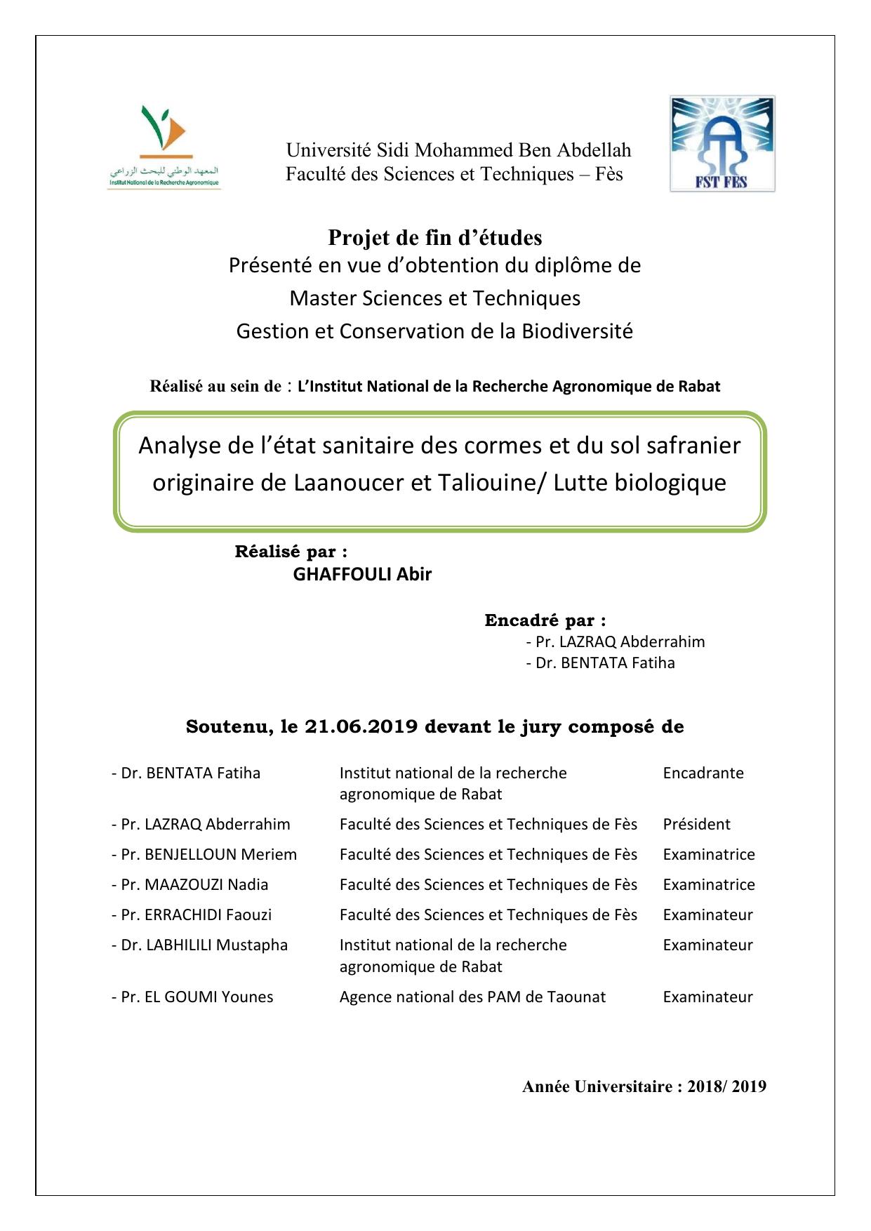 Analyse de l’état sanitaire des cormes et du sol safranier originaire de Laanoucer et Taliouine/ Lutte biologique